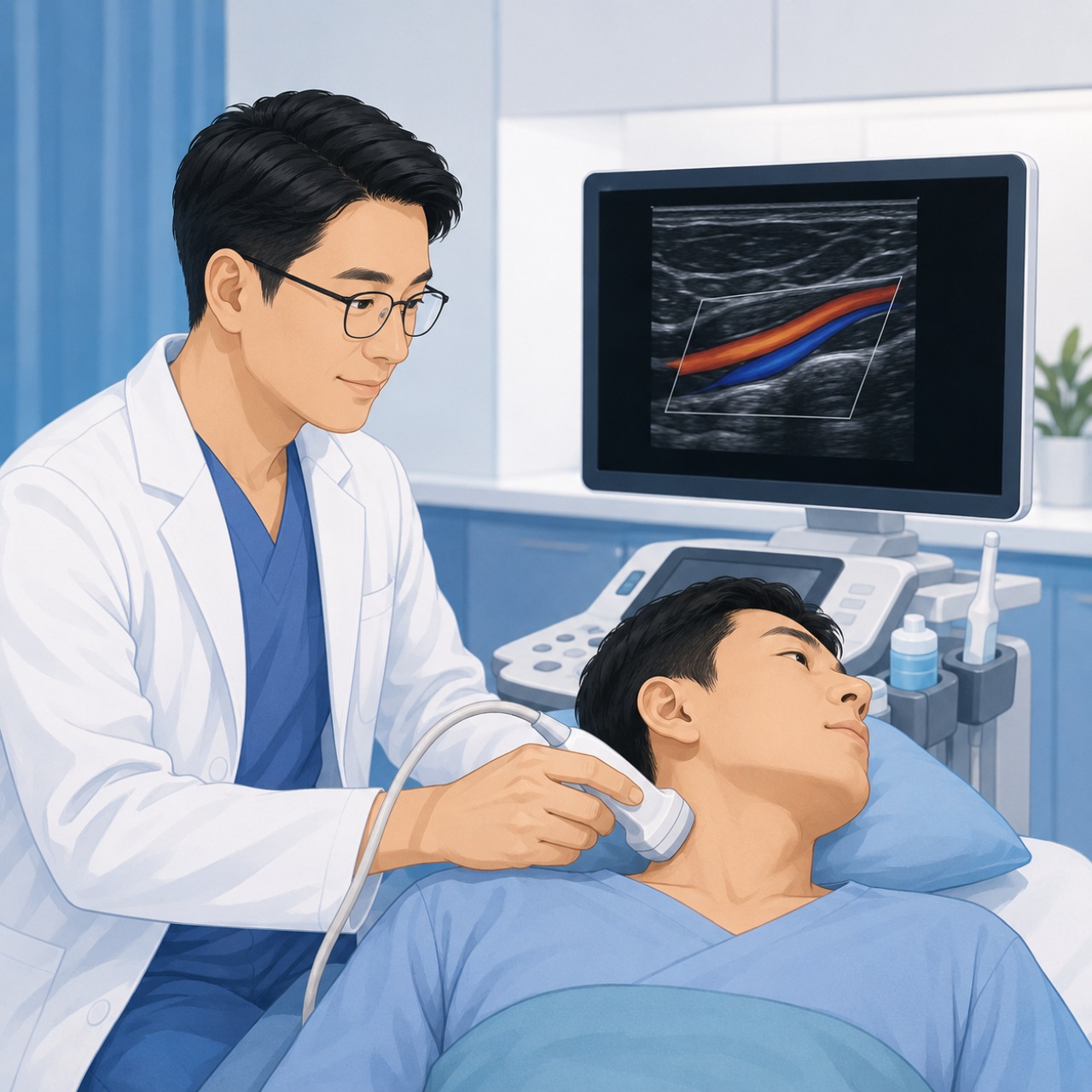 醫師使用超音波探頭為患者進行頸動脈超音波檢查，評估血管狹窄與中風風險