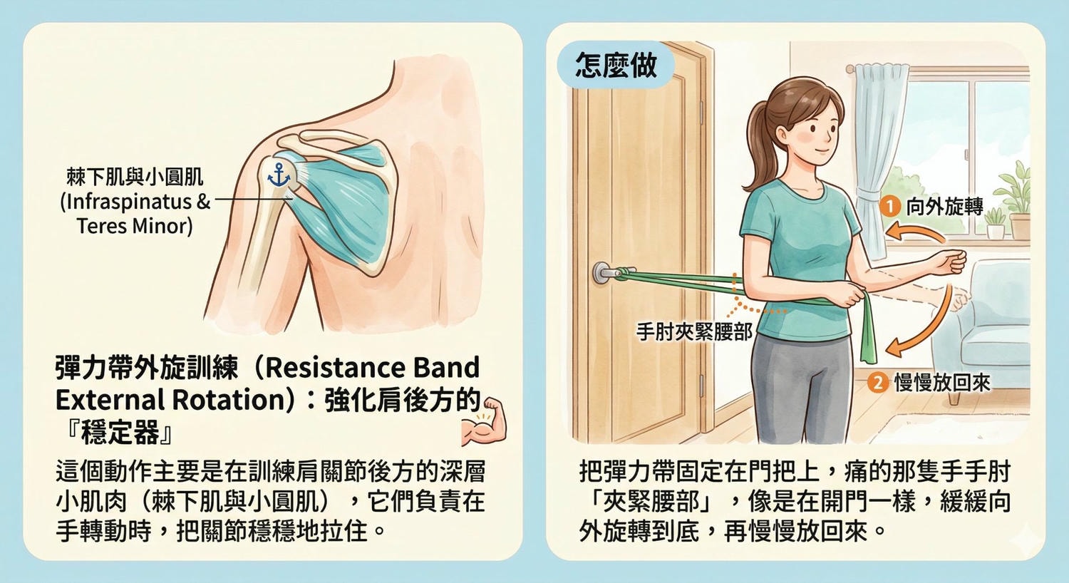 彈力帶外旋訓練（Resistance Band External Rotation）強化肩後方的肌群讓肩膀更穩定