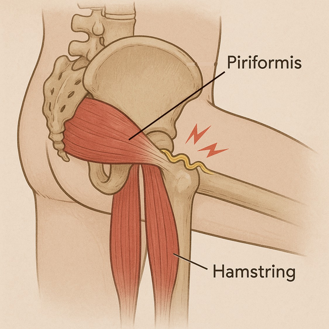 【個案分享】腰沒問題,為何坐就痛,麻刺到腳底?股方肌與腿後肌腱鈣化與沾黏,壓迫到坐骨神經造成 - 第2張圖 一張醫療示意圖,顯示一隻戴著藍色手套的手正拿著超音波探頭在患者身上進行檢查。後方的螢幕顯示出超音波掃描影像,畫面中特別標示出黃色的神經結構(可能是坐骨神經)與周圍組織的關係。