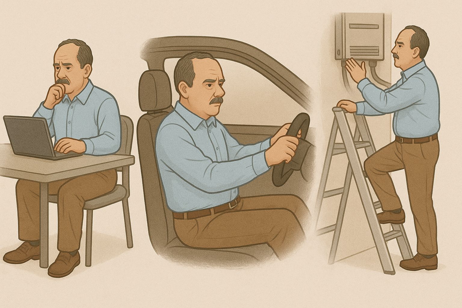 【個案分享】腰沒問題,為何坐就痛,麻刺到腳底?股方肌與腿後肌腱鈣化與沾黏,壓迫到坐骨神經造成 - 第3張圖 一張包含三個場景的插圖,展示該男子的日常活動:左側是他在桌前使用筆記型電腦(久坐);中間是他正在駕駛汽車(久坐);右側是他正在攀爬梯子(腿部活動),暗示這些動作可能與病因相關。