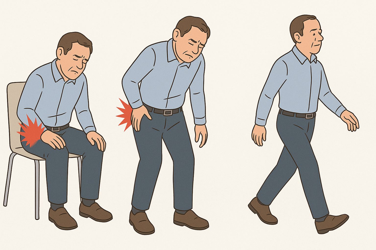 【個案分享】腰沒問題,為何坐就痛,麻刺到腳底?股方肌與腿後肌腱鈣化與沾黏,壓迫到坐骨神經造成 - 第1張圖 一組連續動作的插圖,比較不同姿勢下的疼痛狀況。左側顯示男子坐著時臀部有劇烈疼痛(紅色爆炸符號);中間顯示他剛站起來時仍感到疼痛並按著臀部;右側則顯示他開始行走後,表情變得放鬆,暗示行走可能緩解了疼痛症狀。