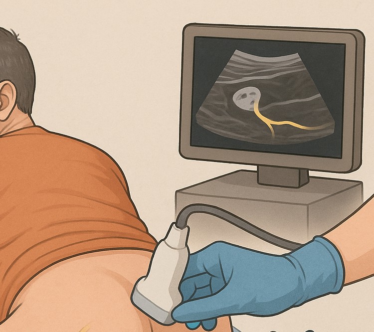 【個案分享】腰沒問題,為何坐就痛,麻刺到腳底?股方肌與腿後肌腱鈣化與沾黏,壓迫到坐骨神經造成 - 第5張圖 一張醫療示意圖,顯示醫護人員戴著藍色手套的手,正拿著超音波探頭在患者的臀部區域進行檢查。後方的螢幕顯示即時的超音波掃描影像,畫面中特別以黃色線條標示出神經結構(可能是坐骨神經)在深層組織中的位置與走向。