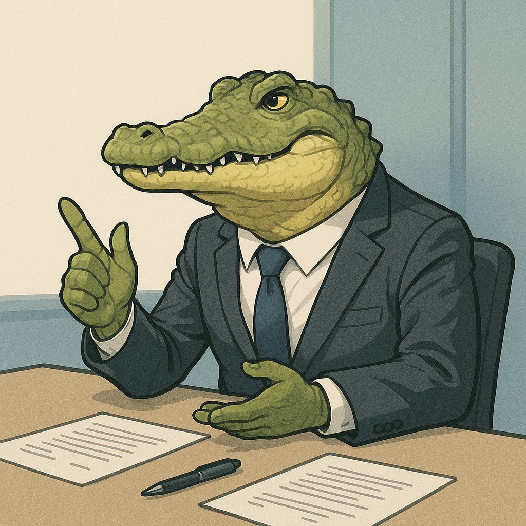 一談就贏課程心得|上完才知道,和我以前理解的「談判」完全不一樣 - 第1張圖 穿著西裝的鱷魚插畫坐在談判桌前,象徵文章中提到成熟談判者「潛伏觀察、精準出手」的形象。