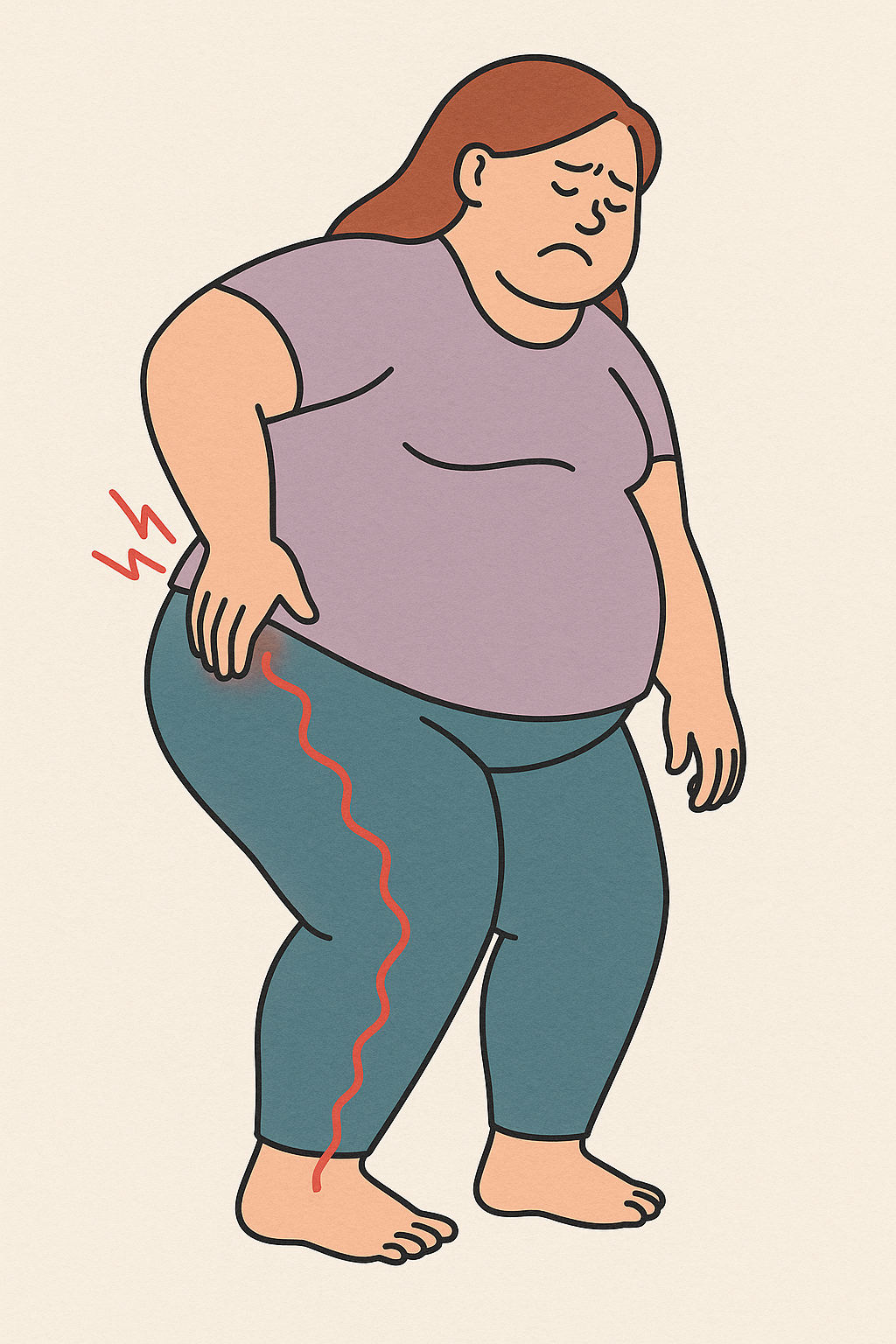 【個案分享】屁股痛到腳麻但椎間盤正常?40歲上班族深臀部夾擠合併腰椎退化的治療故事 - 第1張圖 典型坐骨神經痛症狀路徑圖,紅色線條顯示疼痛與麻木感從臀部沿大腿後側延伸至腳底,常見於BMI超標族群