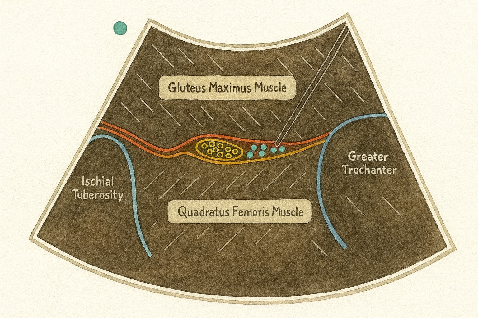 【個案分享】屁股痛到腳麻但椎間盤正常?40歲上班族深臀部夾擠合併腰椎退化的治療故事 - 第3張圖 超音波導引注射治療深臀部夾擠症候群,顯示針頭在股方肌與坐骨神經之間進行精準神經解套注射