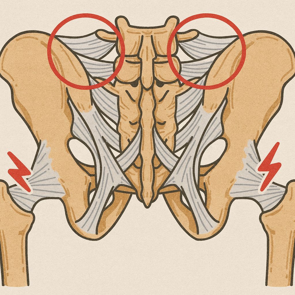 【個案分享】屁股痛到腳麻但椎間盤正常?40歲上班族深臀部夾擠合併腰椎退化的治療故事 - 第4張圖 髂腰韌帶與薦髂關節疼痛位置圖,紅色圈處顯示慢性下背痛常見的轉移痛點與不穩定區域