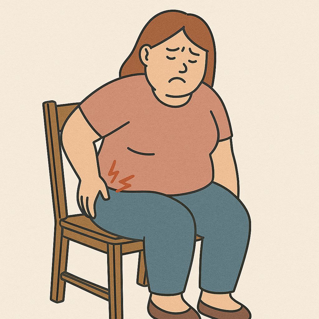 【個案分享】屁股痛到腳麻但椎間盤正常?40歲上班族深臀部夾擠合併腰椎退化的治療故事 - 第2張圖 深臀部夾擠症候群患者久坐疼痛示意圖,表現為坐著時屁股深處出現壓迫感與痠痛,無法久坐