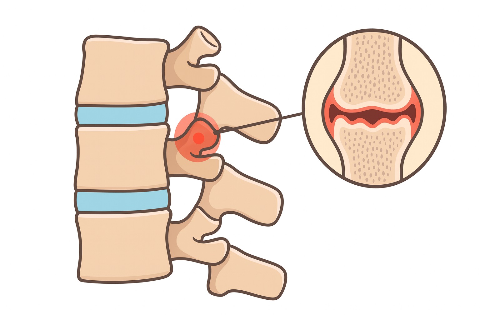 【個案分享】屁股痛到腳麻但椎間盤正常?40歲上班族深臀部夾擠合併腰椎退化的治療故事 - 第5張圖 腰椎小關節退化示意圖,放大圖顯示關節面軟骨磨損與發炎,是造成久站腰痠與慢性下背痛的主因