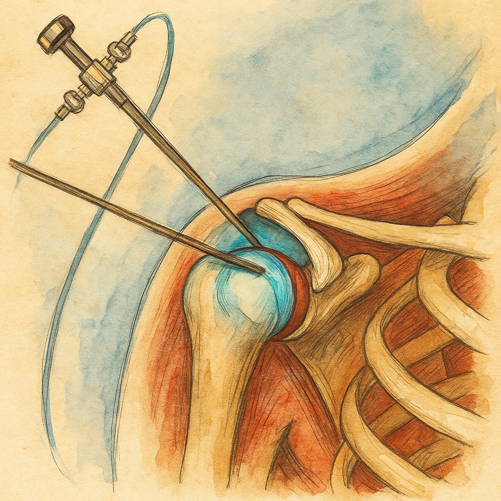 脖子和肩膀的關聯在哪? 五十肩、旋轉肌破裂與頸椎壓迫? 肩、頸痛的原因、診斷、治療與挑戰 - 第4張圖 肩關節鏡手術示意圖 顯示肩關節內部結構(肱骨頭、關節囊、肩胛骨)以及用於微創手術的器械。