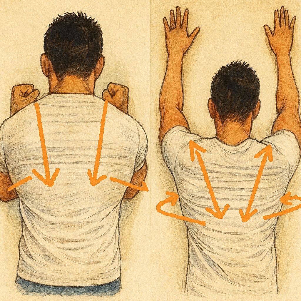 脖子和肩膀的關聯在哪? 五十肩、旋轉肌破裂與頸椎壓迫? 肩、頸痛的原因、診斷、治療與挑戰 - 第5張圖 肩胛骨穩定度訓練或復健動作示意圖 訓練者面向牆壁,雙手肘彎曲置於體側(左圖)與向上高舉(右圖),橙色箭頭標示肩胛骨收縮與上旋動作的方向。