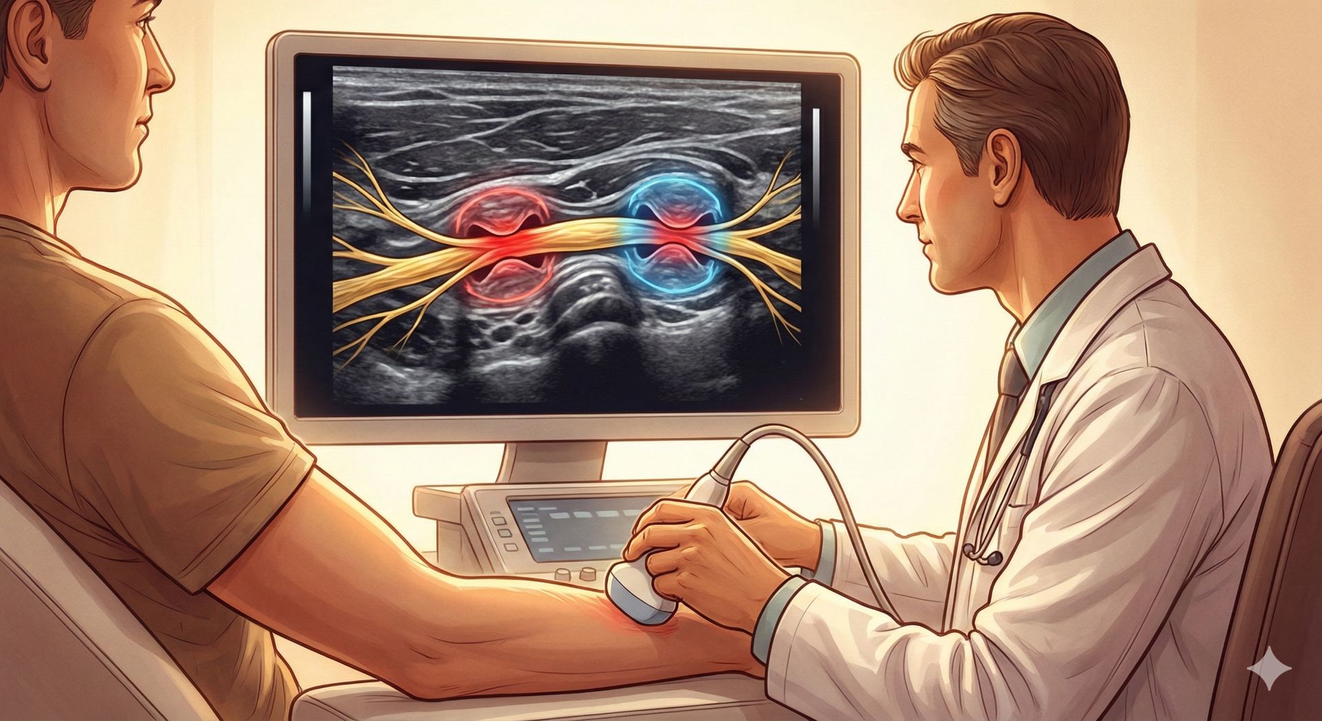 高解析超音波檢查糖尿病神經雙重夾擠示意圖