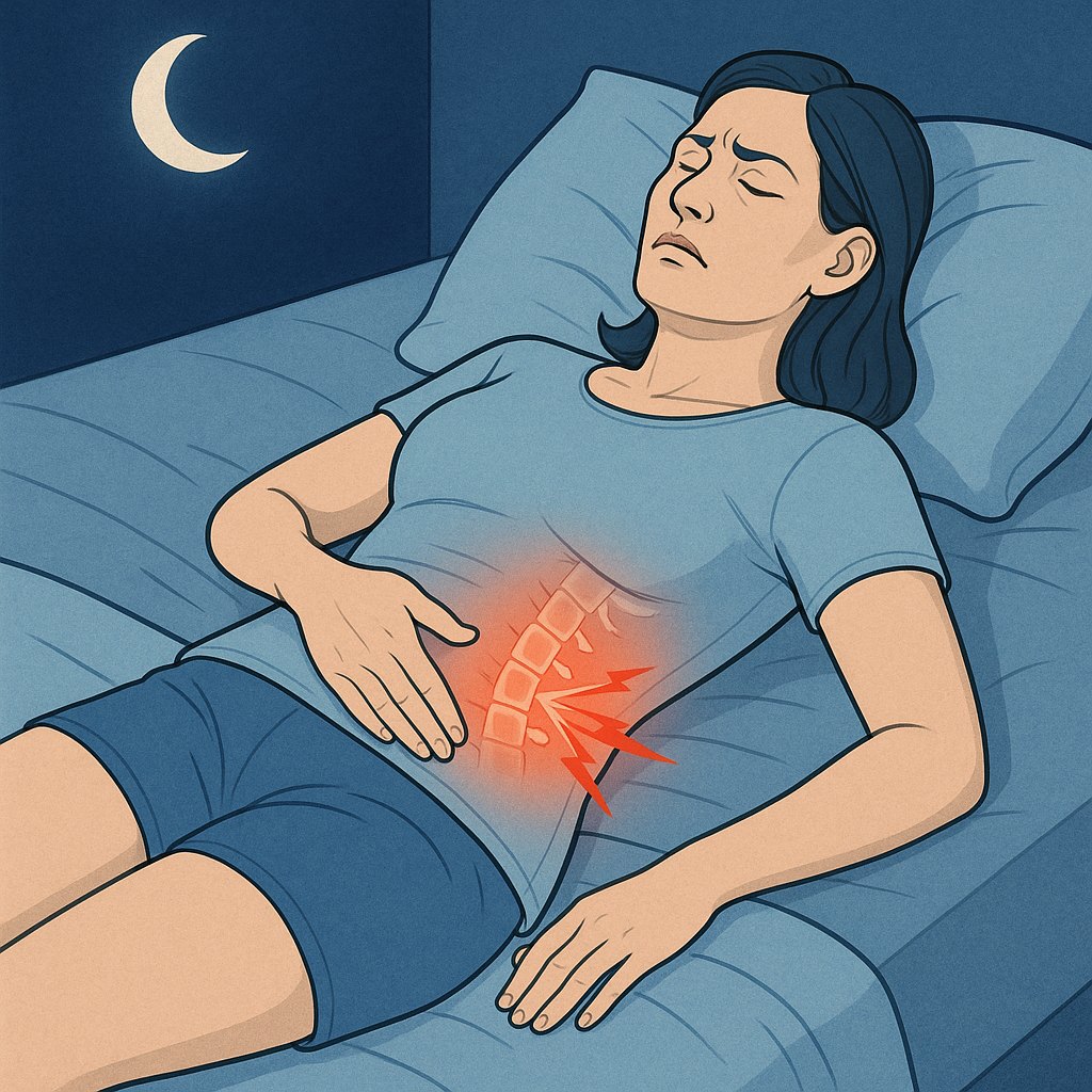 【個案分享】屁股痛到腳底是骨刺?解析「腰椎退化」合併「髖大轉子疼痛」的雙重夾擊 - 第1張圖 一位女性在夜晚躺在床上睡覺,表情不適,她的腰椎部位發出紅光和閃電符號,顯示在夜間睡眠時感到腰痛。