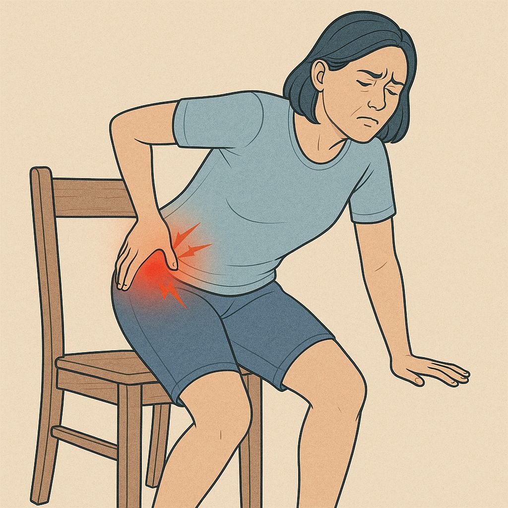 【個案分享】屁股痛到腳底是骨刺?解析「腰椎退化」合併「髖大轉子疼痛」的雙重夾擊 - 第2張圖 一位女性表情痛苦地從椅子上站起來,一手按著發出紅光和閃電符號的右側髖部及大腿外側,顯示該部位疼痛。