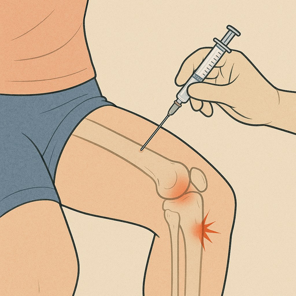 【個案分享】屁股痛到腳底是骨刺?解析「腰椎退化」合併「髖大轉子疼痛」的雙重夾擊 - 第3張圖 膝蓋關節的解剖示意圖,顯示一隻戴手套的手持注射器,將針頭刺入膝蓋上方的大腿組織中,膝蓋側面有紅色疼痛標示。