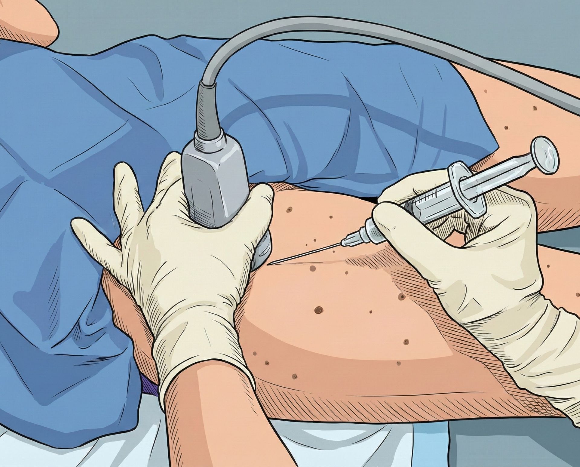 【個案分享】屁股痛到腳底是骨刺?解析「腰椎退化」合併「髖大轉子疼痛」的雙重夾擊 - 第4張圖 醫療人員戴著手套,一手操作超音波探頭放置在患者大腿皮膚上,另一手持注射器在超音波引導下對大腿組織進行注射。