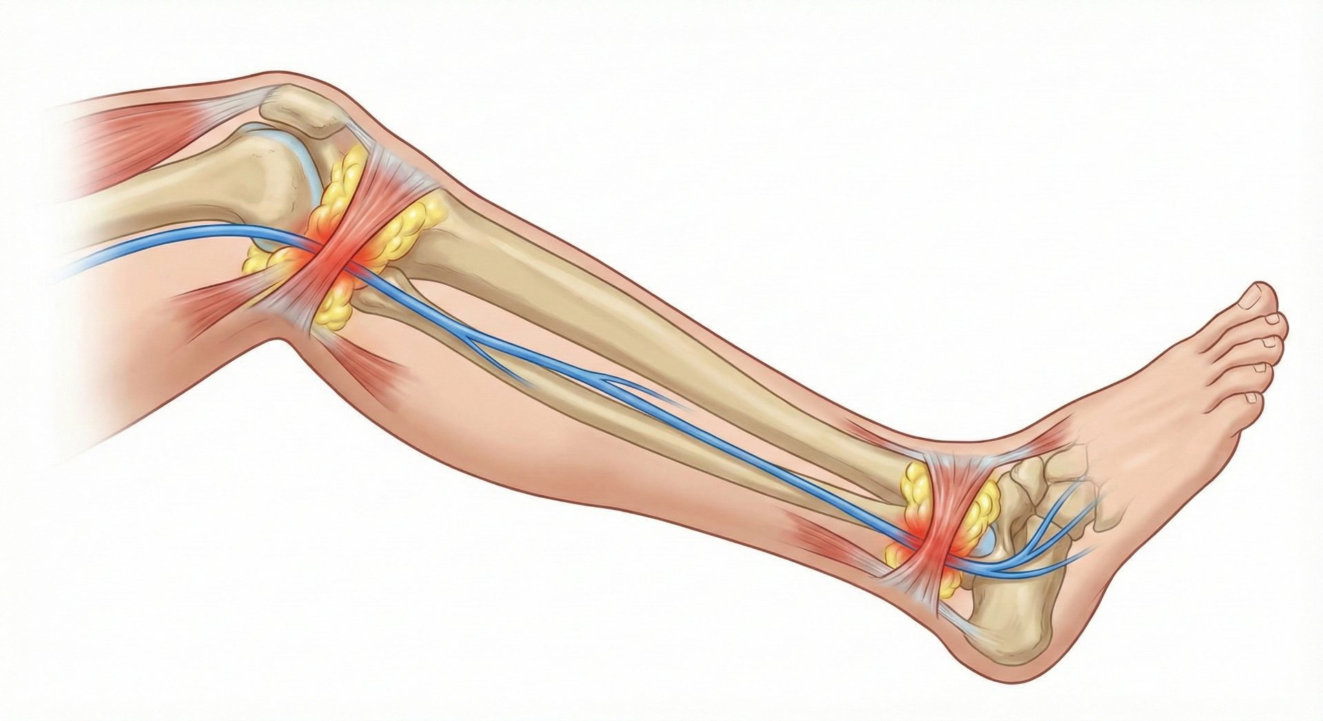 下肢神經雙重夾擠症候群示意圖，顯示神經在膝蓋外側與腳踝處同時受到卡壓，導致糖尿病足部麻痛難癒。