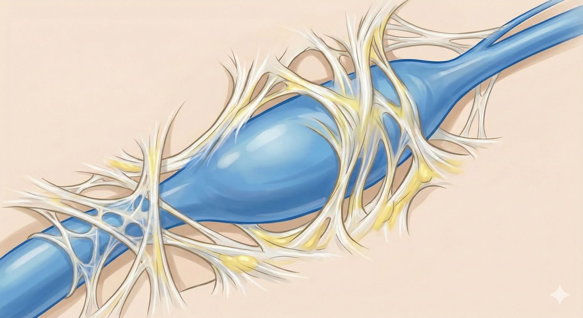 糖尿病神經病變微觀示意圖，顯示受損神經被周邊纖維化組織沾黏、緊緊纏繞，形成物理性卡壓。
