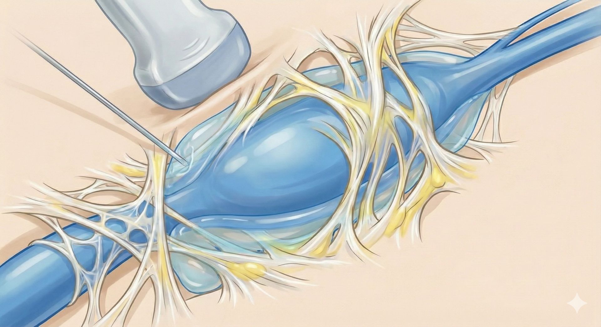超音波導引神經解套注射示意圖，顯示利用液體張力將沾黏的神經與周邊組織撐開，改善神經滑動性以緩解疼痛。
