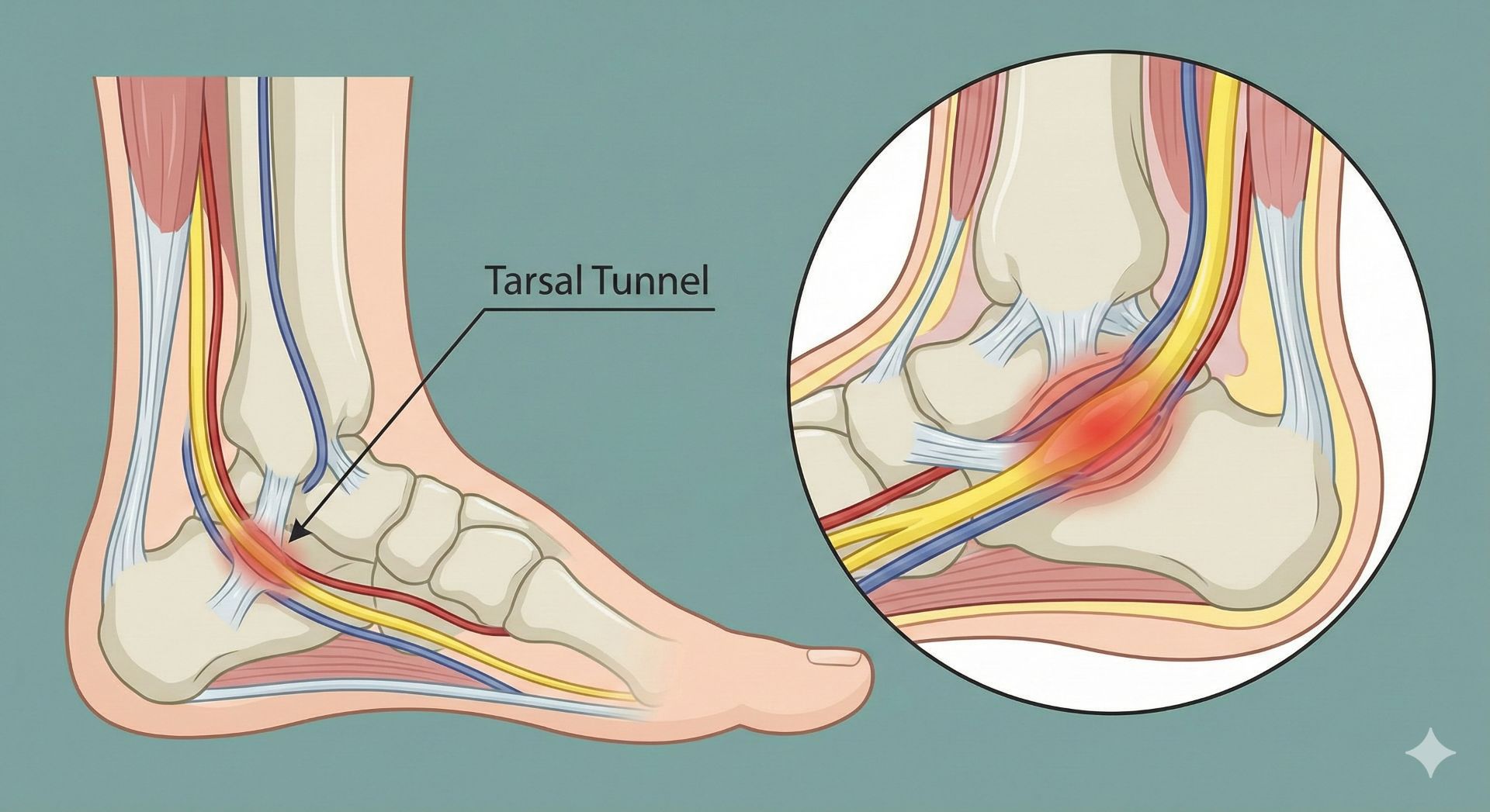 足部解剖圖顯示跗管 (Tarsal Tunnel) 位置，標示出脛神經在腳踝內側受到壓迫發炎的紅腫熱點，是造成腳底燒痛的常見原因。