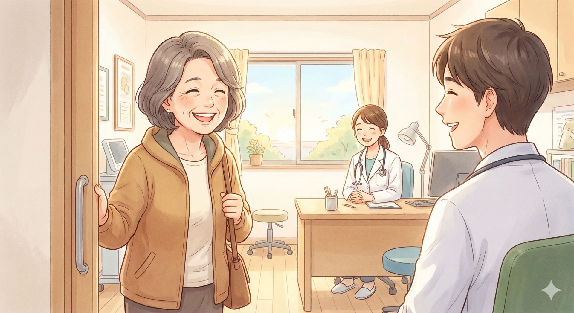 糖尿病神經痛患者經治療後開心地走出診間，象徵擺脫長期腳麻與燒灼痛、重拾生活品質的成功案例。