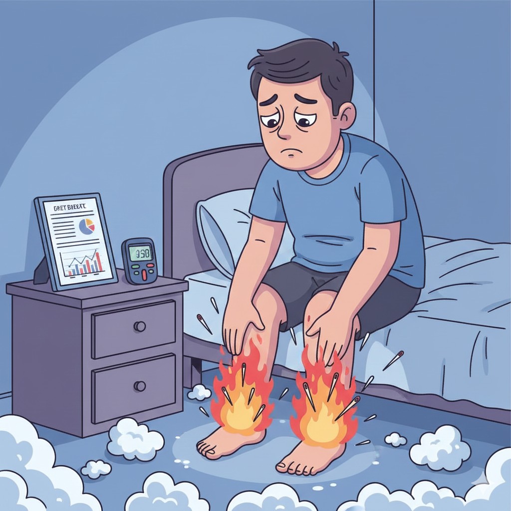 糖尿病患量測血糖卻仍感到腳底像火燒與針刺，示意雙重夾擠症候群造成的周邊神經病變痛楚