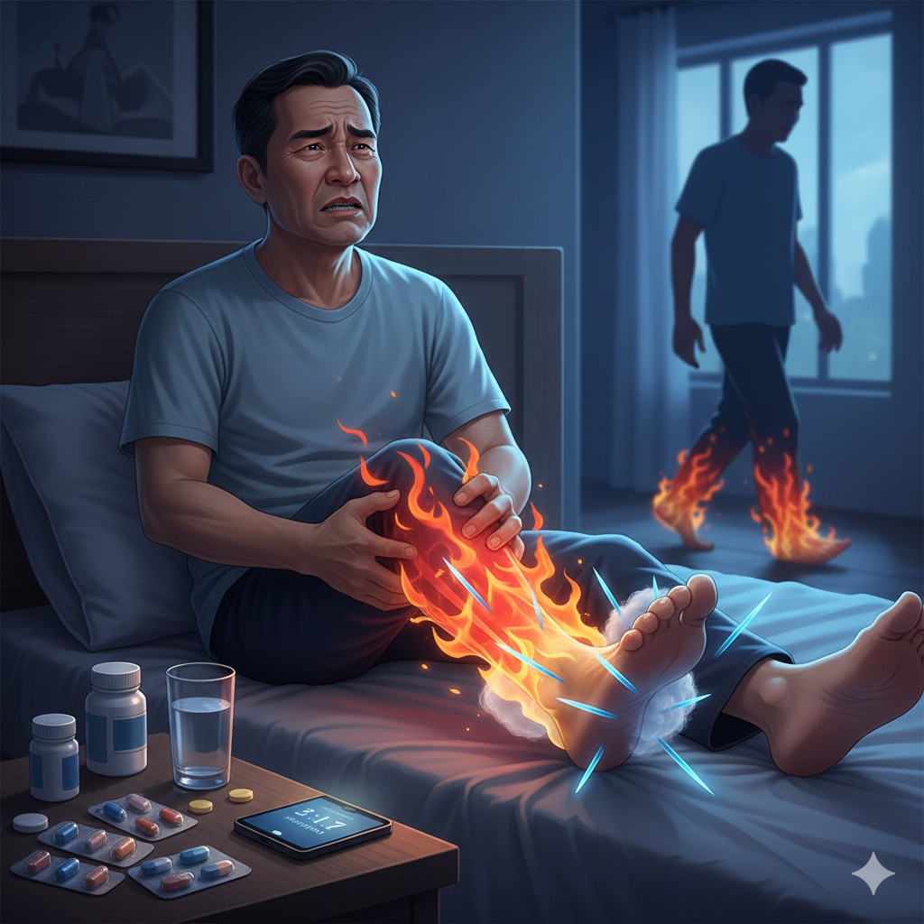 62歲糖尿病患者夜間因雙重夾擠症候群導致劇烈腳痛與失眠，服用止痛藥效果有限