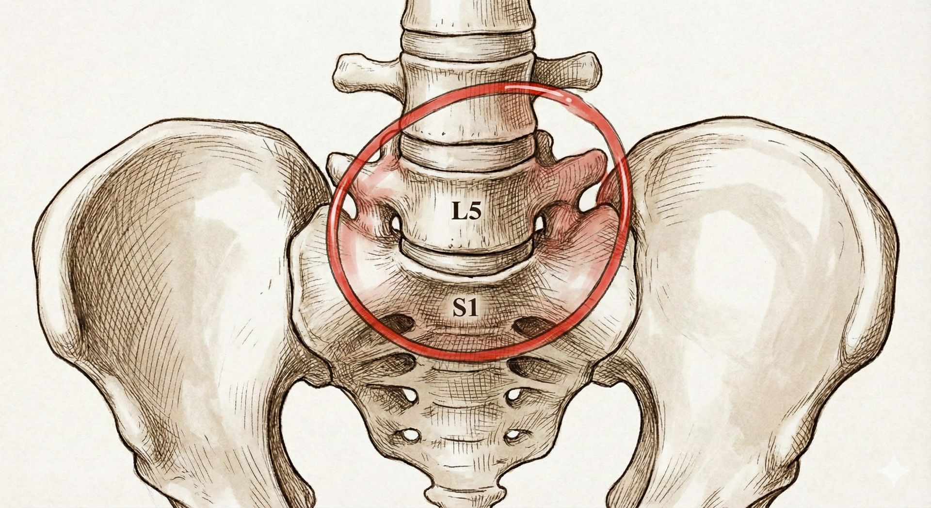 腰椎解剖圖示，紅圈標示 L5-S1 腰薦椎關節與小關節退化常見的疼痛位置。