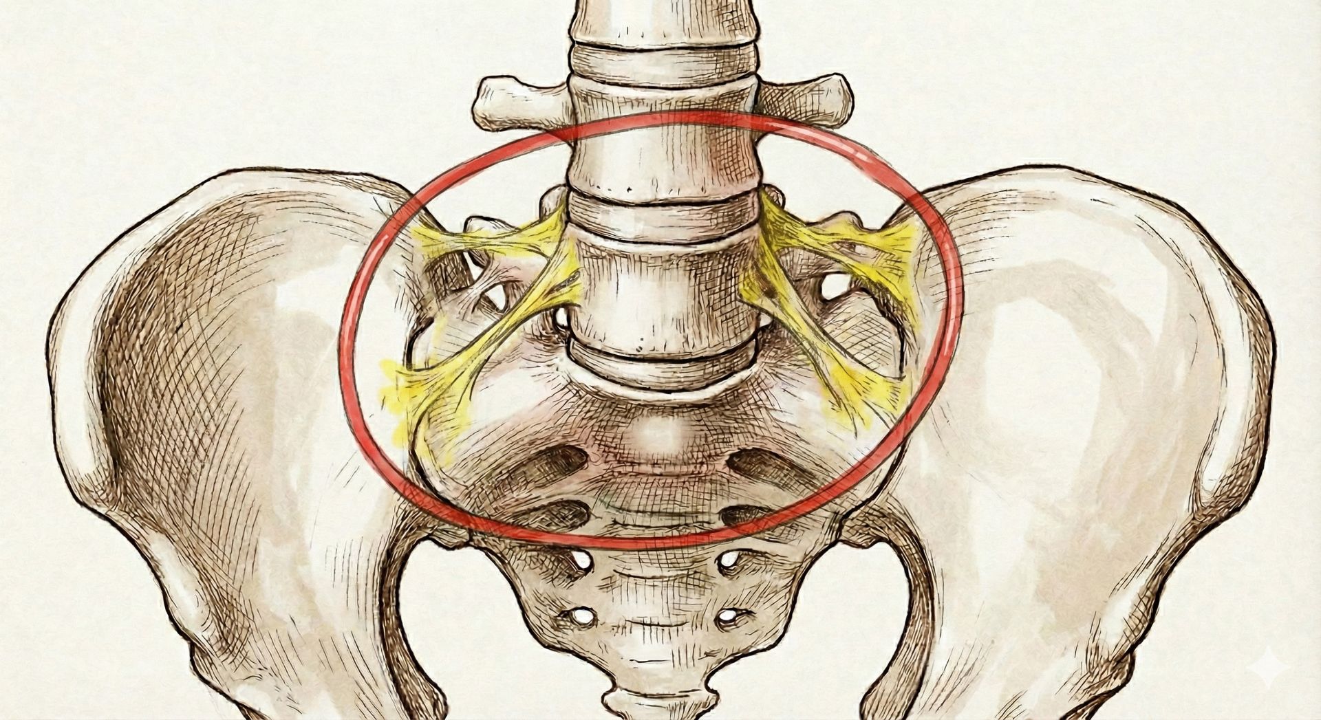 腰椎解剖圖示，黃色顯示穩定韌帶結構。