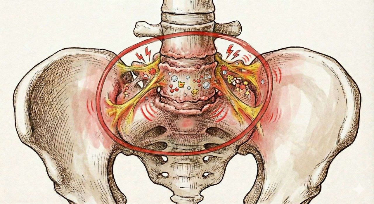 腰椎小關節發炎示意圖，顯示關節紅腫與化學性發炎導致的深層下背痛。