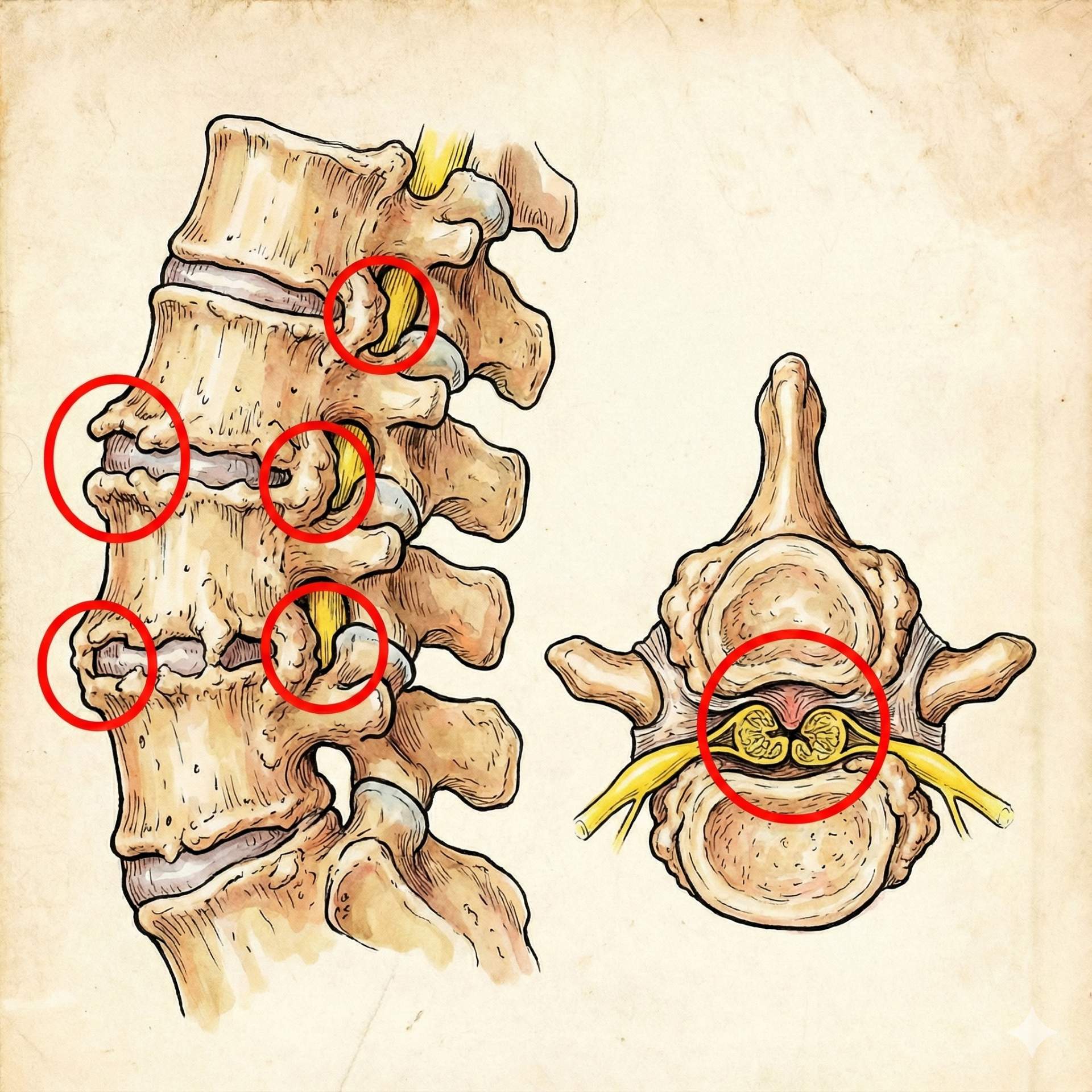 腰椎退化解剖圖，顯示小關節骨刺增生 (Osteophytes) 與關節肥大造成的壓迫。