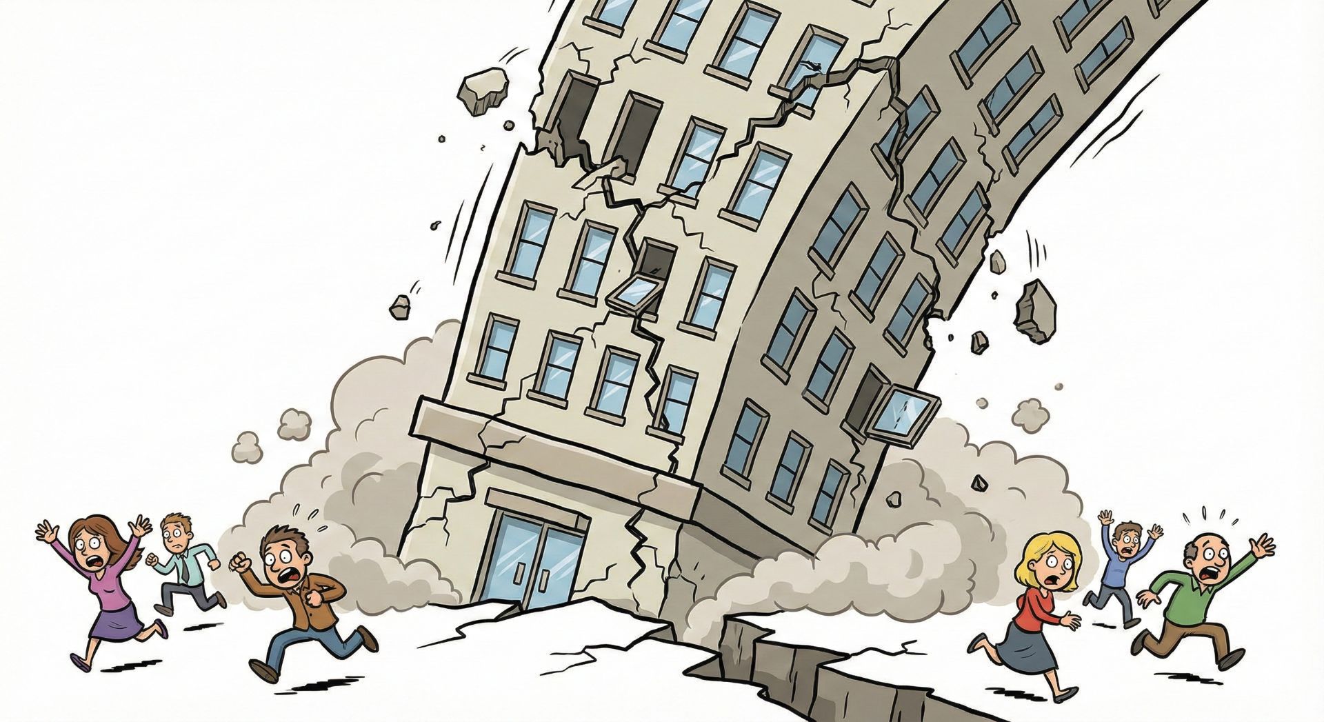大樓倒塌卡通圖，比喻脊椎結構不穩定導致的下背痛與小關節退化崩壞過程。