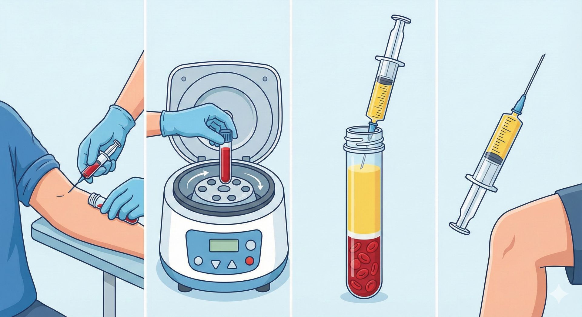 PRP 高濃度血小板血漿治療流程圖：包含抽血、離心萃取生長因子與注射修復步驟。