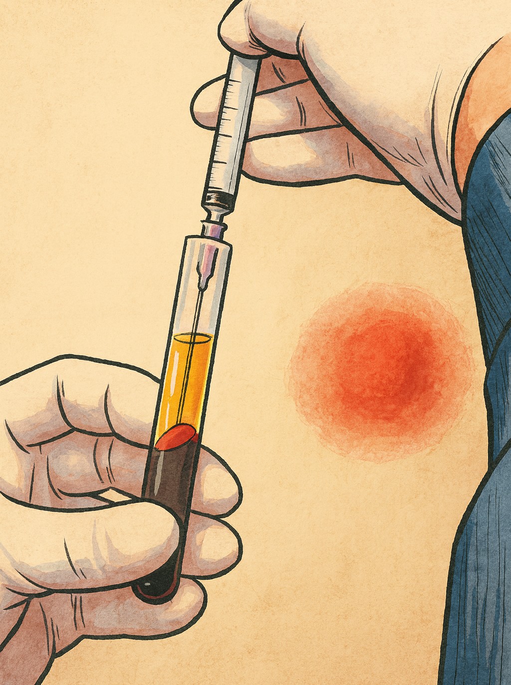 PRP治療韌帶受傷全攻略:醫師揭露風險、副作用與黃金恢復期(病人必讀) - 第2張圖 醫療人員從試管中分離高濃度血小板血漿(PRP)的過程示意圖