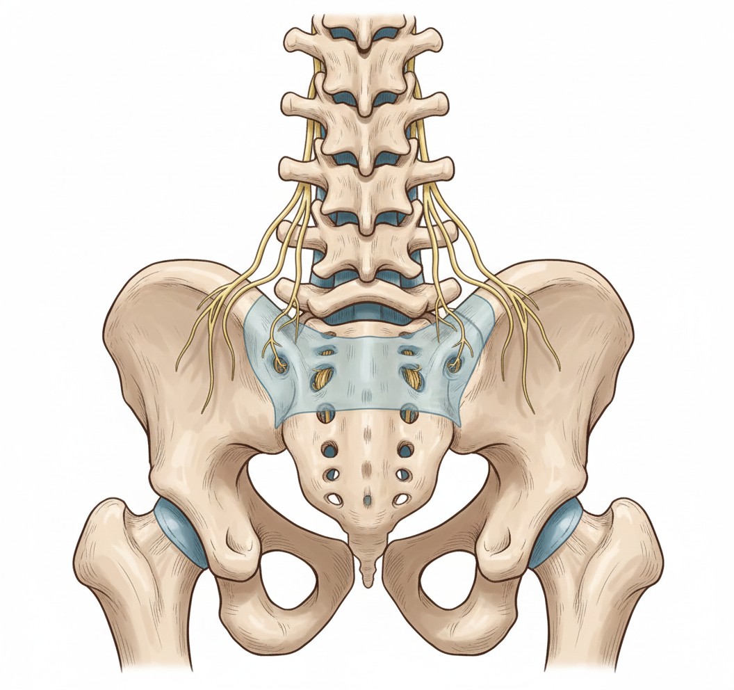 腰痛屁股痛卻檢查正常?小心「上臀皮神經卡壓」!症狀、治療全攻略 - 第1張圖 骨盆後側神經解剖圖,顯示黃色的上臀皮神經從腰椎分出,穿過厚實的腰背筋膜並跨越髂骨上緣骨頭的複雜路徑,說明易受卡壓的原因。