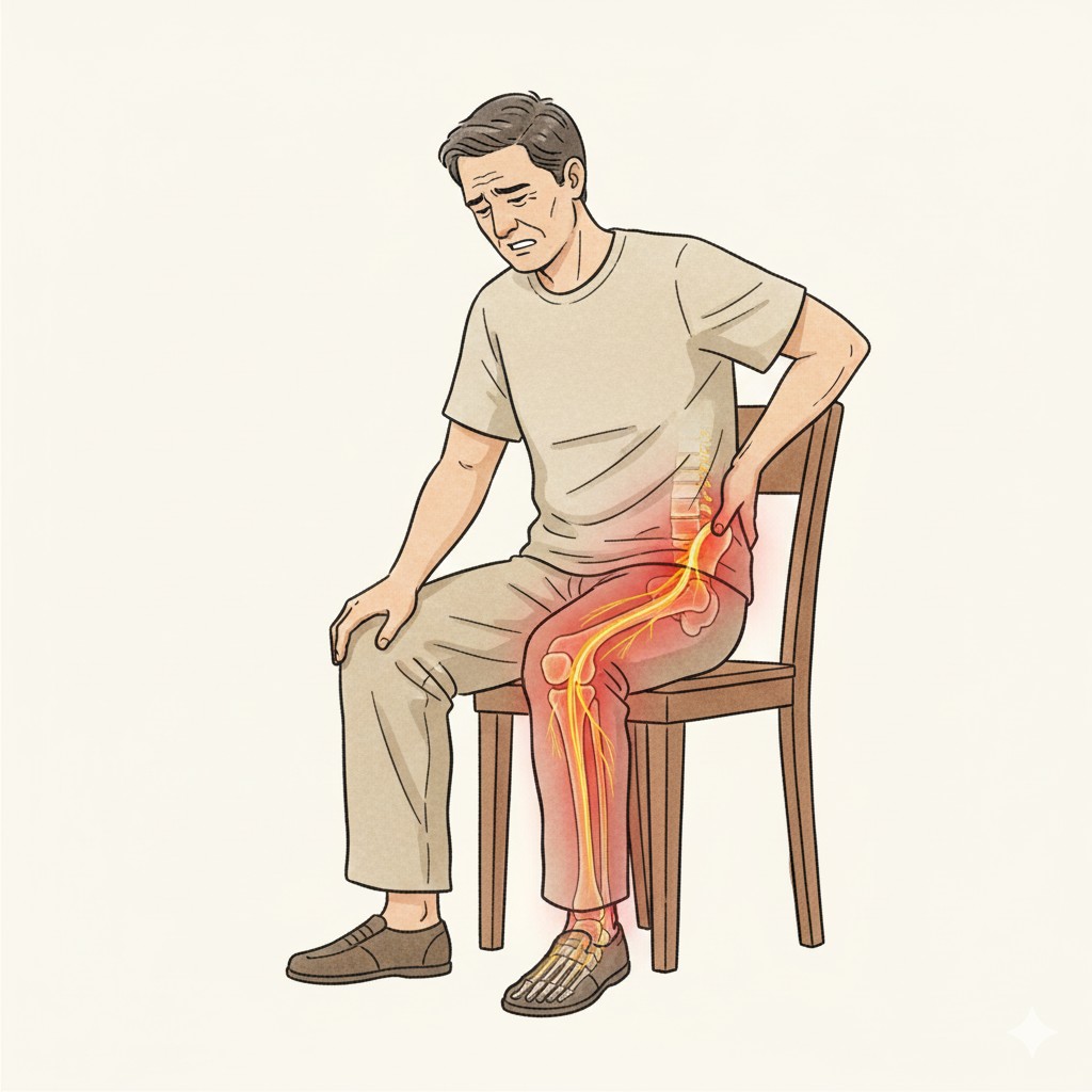 腰痛屁股痛卻檢查正常?小心「上臀皮神經卡壓」!症狀、治療全攻略 - 第2張圖 男性坐姿感到劇烈疼痛,示意圖顯示疼痛沿著坐骨神經從下背一路放射至腳底。此圖用於對比上臀皮神經卡壓(痛通常不過膝)與真性坐骨神經痛的差異。