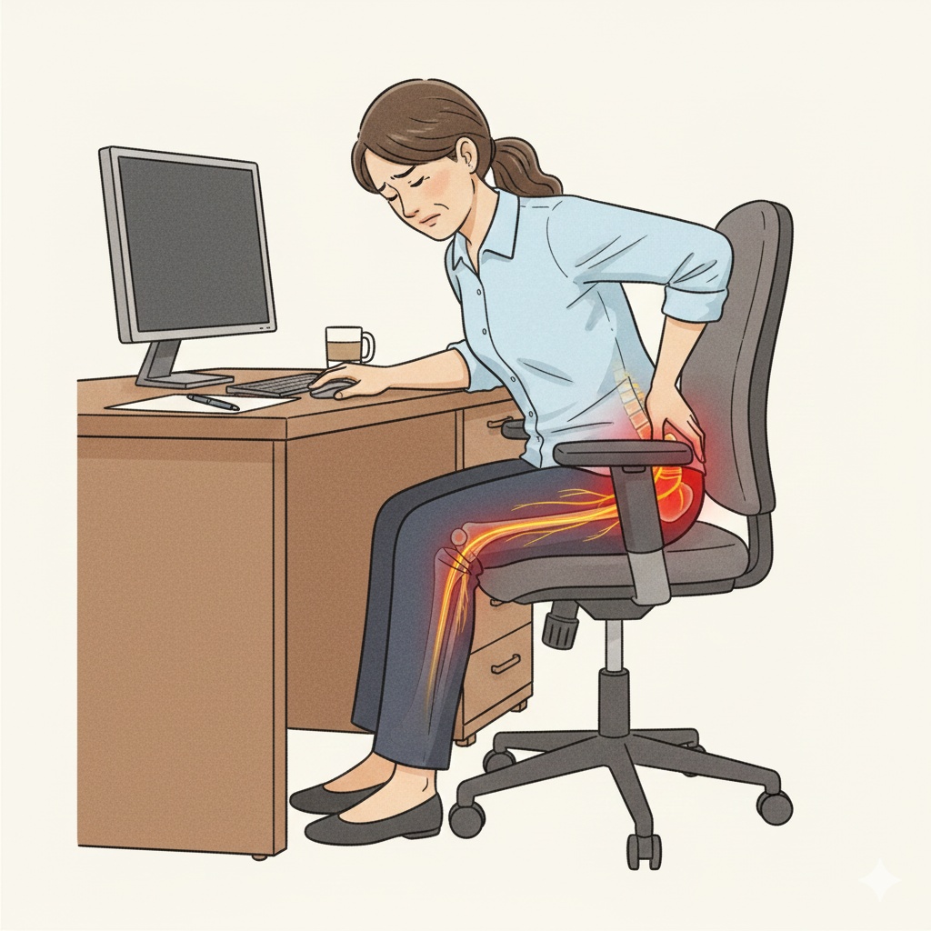 腰痛屁股痛卻檢查正常?小心「上臀皮神經卡壓」!症狀、治療全攻略 - 第3張圖 女性久坐辦公桌感到下背痛,示意圖顯示發炎的神經沿著上臀皮神經路徑從腰外側放射至臀部與大腿外側,此症狀常被誤認為坐骨神經痛。