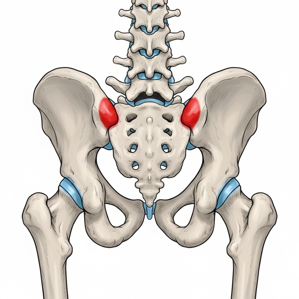 腰痛屁股痛卻檢查正常?小心「上臀皮神經卡壓」!症狀、治療全攻略 - 第4張圖 骨盆與腰椎後側解剖圖,紅色高亮區域標示出髂骨上後棘 (PSIS) 附近的髂骨上緣,這是上臀皮神經最常發生卡壓與疼痛的位置。