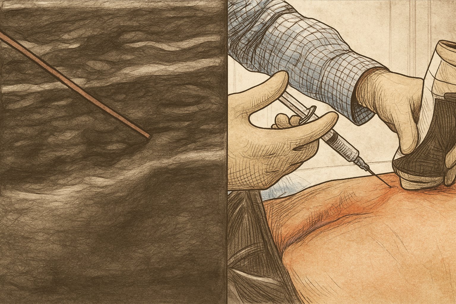 腰痛屁股痛卻檢查正常?小心「上臀皮神經卡壓」!症狀、治療全攻略 - 第5張圖 超音波導引注射治療示意圖。左側為超音波螢幕顯示針頭精準進入筋膜層;右側為醫師操作超音波探頭並對患者下背部進行神經水解或診斷性阻斷注射。