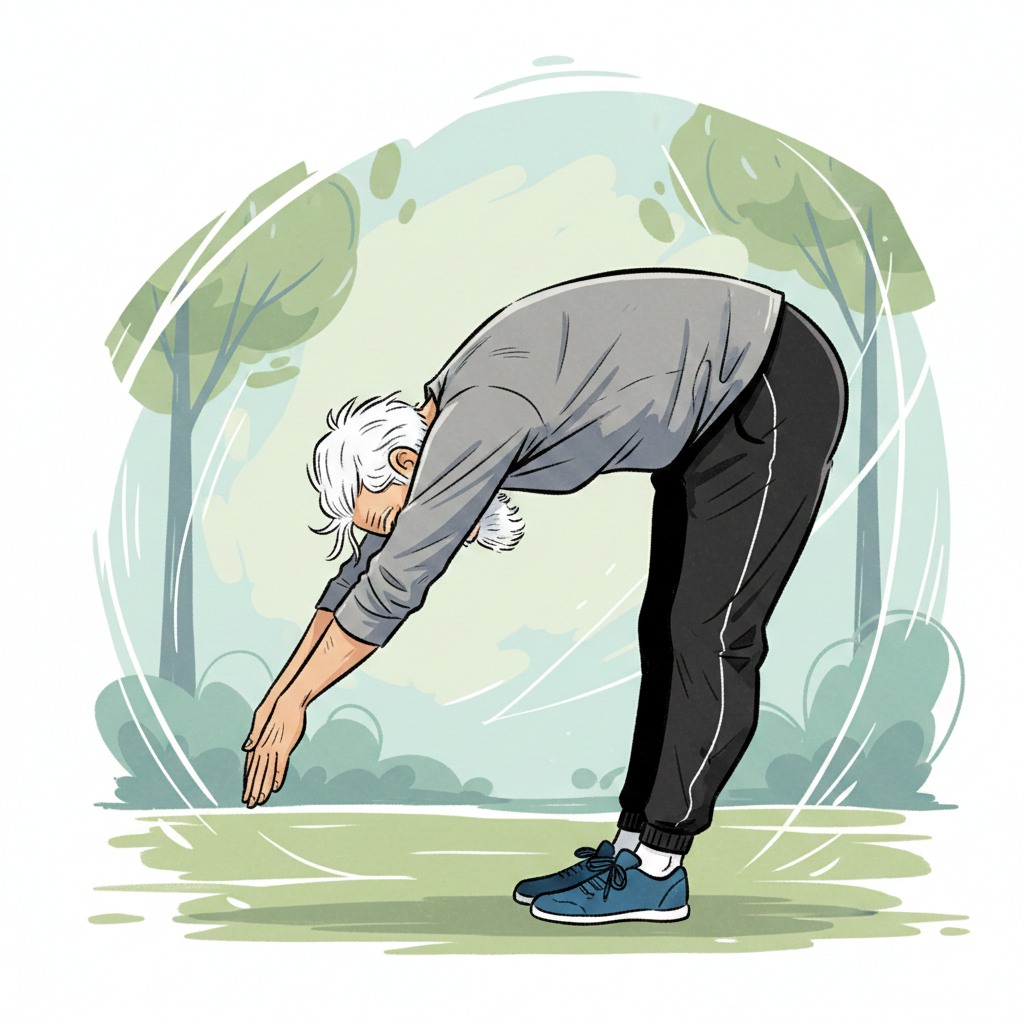 腰痛屁股痛卻檢查正常?小心「上臀皮神經卡壓」!症狀、治療全攻略 - 第6張圖 一位老年男性站立並向前彎腰伸展背部與腿後肌群。注意:上臀皮神經卡壓急性期患者應避免此類大幅度前彎動作以免拉扯神經。