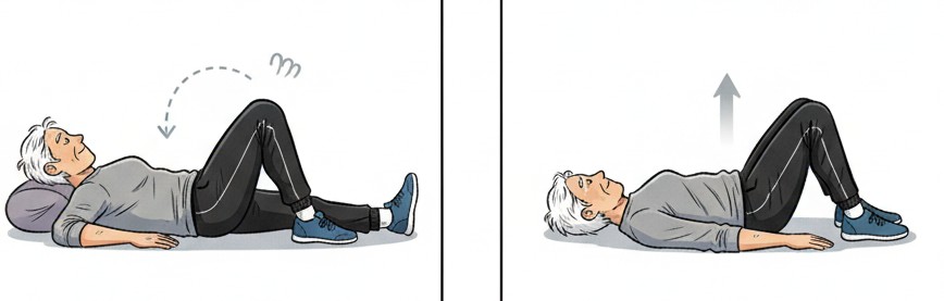 腰痛屁股痛卻檢查正常?小心「上臀皮神經卡壓」!症狀、治療全攻略 - 第8張圖 老年人進行橋式運動 (Bridge Exercise) 的兩個步驟圖解,躺姿屈膝後將臀部抬起,用於強化臀大肌與核心穩定,輔助改善上臀皮神經卡壓導致的下背痛。