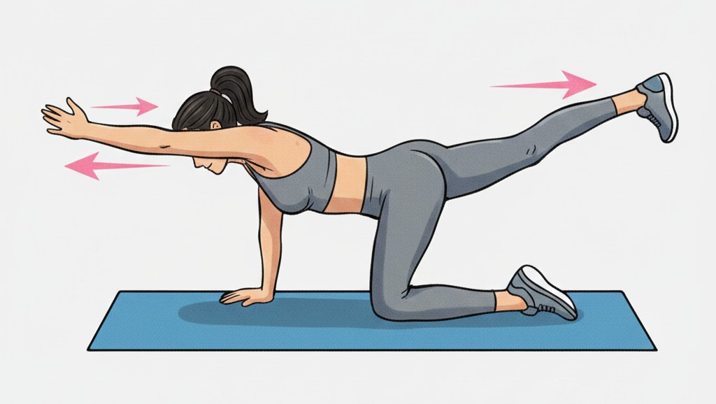 腰痛屁股痛卻檢查正常?小心「上臀皮神經卡壓」!症狀、治療全攻略 - 第9張圖 女性進行鳥狗式 (Bird-Dog) 核心訓練,採四足跪姿,同時伸展對側手臂與腿部,訓練脊椎抗旋轉能力並穩定骨盆,防止神經反覆受壓。