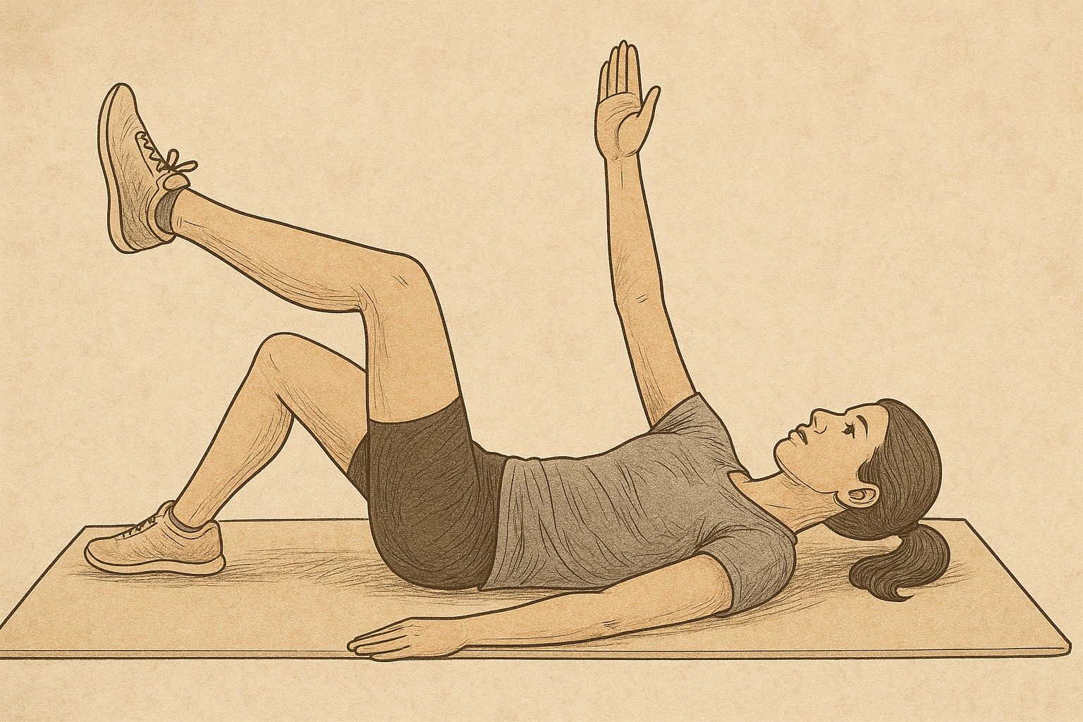 腰痛屁股痛卻檢查正常?小心「上臀皮神經卡壓」!症狀、治療全攻略 - 第7張圖 女性進行死蟲式 (Dead Bug) 核心訓練,躺姿下保持腰椎貼地,交替活動對側手腳,用於安全啟動深層腹肌並穩定核心,減少腰背負擔。