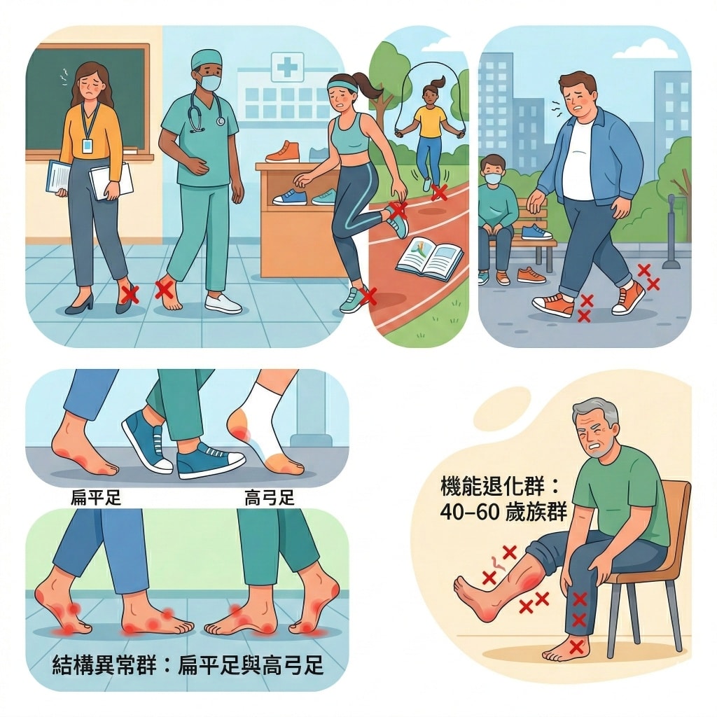 什麼是足底筋膜炎? 為何下床第一步最痛? 足底筋膜炎原因、症狀、治療與預防 2026 全攻略 - 第2張圖 容易得足底筋膜炎的五類高風險族群