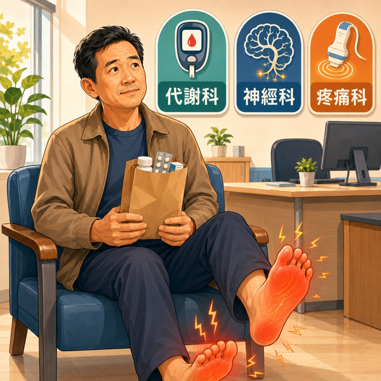 糖尿病腳麻患者拿著藥袋在診間困惑哪科能幫助自己就醫示意圖