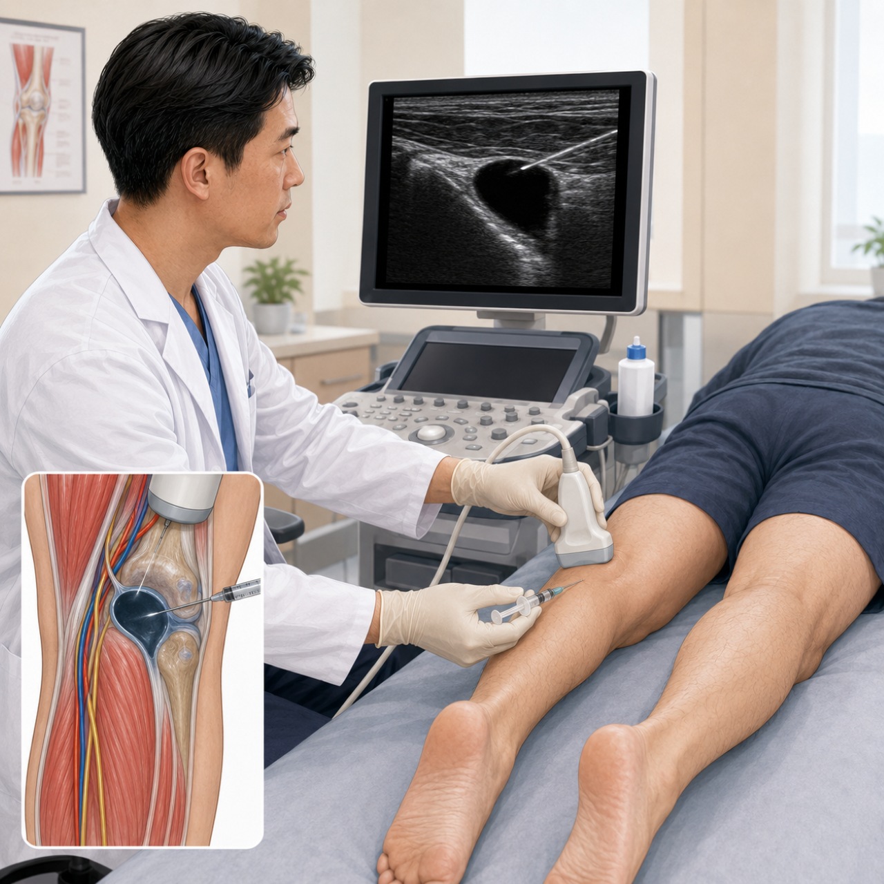 膝蓋後面腫一包、彎曲卡住?膕窩囊腫(Baker’s Cyst)與後側膝痛原因解析 - 第2張圖 超音波導引膕窩囊腫抽吸注射治療,針頭精準定位囊腔避免傷及後側神經血管