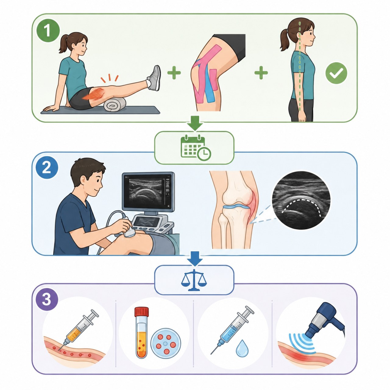上下樓梯膝蓋痛是退化嗎?膝蓋前面痛、髕骨壓痛與常見原因完整解析 - 第4張圖 上下樓膝蓋痛治療流程圖,從保守治療到超音波導引注射選擇方向