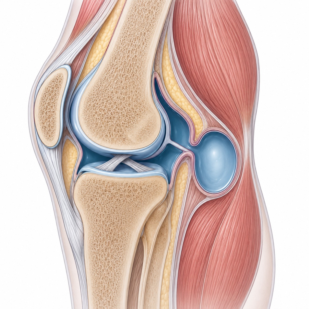 膝蓋後面腫一包、彎曲卡住?膕窩囊腫(Baker’s Cyst)與後側膝痛原因解析 - 第1張圖 膝蓋關節積水往後方流入膕窩囊腫示意圖,說明貝克氏囊腫形成原因