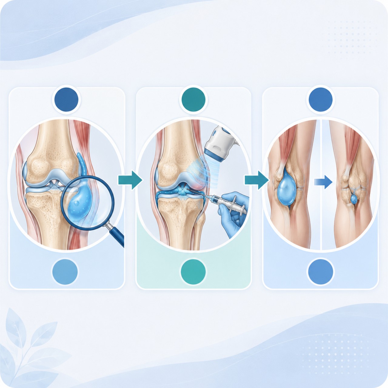 膝蓋後面腫一包、彎曲卡住?膕窩囊腫(Baker’s Cyst)與後側膝痛原因解析 - 第3張圖 膕窩囊腫治療流程圖,先找出積水原因再處理關節問題囊腫才能真正消退
